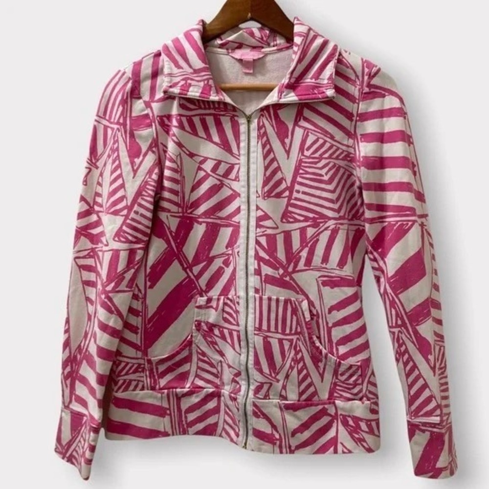 Lilly Pulitzer Pink White Geometric Zip Up Jacket‎ Size Small